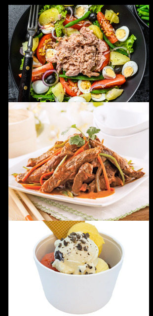 Image de Salade Niçoise + Sauté de bœuf aux petits légumes + 2 Boules Ice Cream + Garnitures